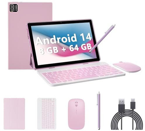 tablet Android 14, tablet da 10 pollici, 8 GB di RAM+64 GB ROM, tablet 2 in 1 con custodia per tastiera e pennino capacitivo per mouse, tablet processore quad-core da 1,8 GHz, touch screen