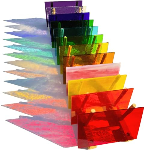 ILLUCKAI 12 Bögen Regenbogen-transparente Buntglasplatte, 10,2 x 15,2 cm, Kathedralenglas, Buntglas-Zubehör, schillerndes Kunstglas für Buntglasprojekte und Mosaikherstellung
