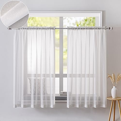 Scheibengardine Bistrogardine Weiß Halbtransparente Vorhänge, 2er Set Bistrogardine Voile Transparent Kurzstores Voile Gardine Mit Schlaufen, Privatsphäre Fenstervorhang Deko, Stil B/ 65Bx115H(CM)
