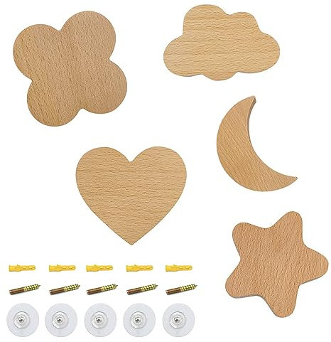 Zillary 5 Piezas Gancho de Pared de Madera Natural Decorativos con Tornillos - Percha para Bufandas, Ropa, Sombreros