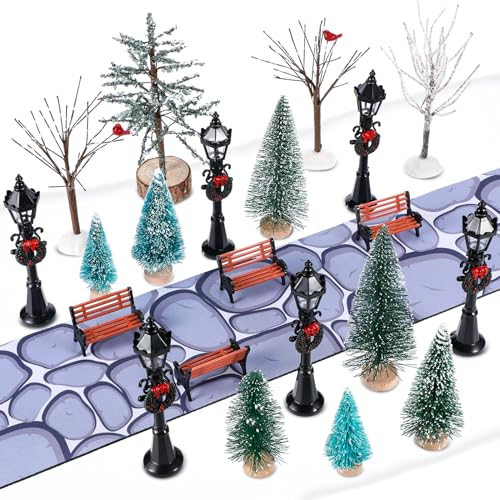 Hiboom 32 Stück Mini Künstlicher Weihnachtsbaum Set Frosted Weihnachten Kieferbäume Schnee bedeckt Dorf Bäume Zubehör Kopfsteinpflaster Straße Zubehör Figur Dorf Display für Weihnachten Winter Haus
