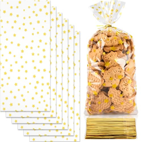 ECtury Sachets Transparents pour Biscuits Noël, Étoile, Sacs de Bonbons Avec Liens Torsadés - 100 Pièces