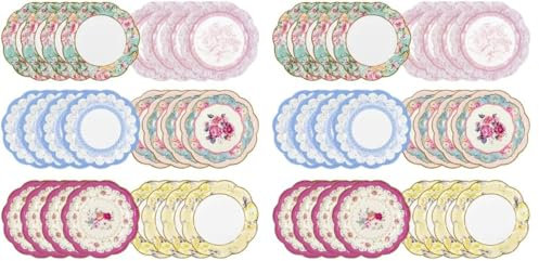 Talking Tables 24 x Assiettes Jetables Fleuries - Vaisselle Vintage avec Bord Festonné, Assiettes Jetables Anniversaire ou Party du thé, fête prénatale, Bridgerton, Assiettes Carton Mariage - 17,5 cm