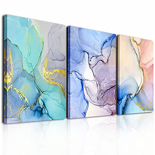 MHARTK66 Tableau Marbre Coloré Abstrait, Bleu Rose Vert or Violet Tableau Decoration Murale Salon Moderne Abstrait Impression Sur Toile, Chambre Salle De Bain Cuisine Bureau