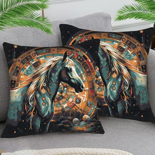 OfFsum Set mit 2 kurzen Plüsch-Kissenbezügen, 45 cm x 45 cm, weiche dekorative Kissenbezüge für Zuhause, Schlafzimmer, Wohnzimmer, Stuhl, Garten, Outdoor, Motiv: Pferde, magischer Kreis (1)