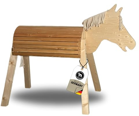 Dein Holzpferd Wolle 100cm für draußen Reitpferd Garten Voltigierbock für Kinder, Stehpferd groß, Gartenpferd handgefertigt aus Deutschland, Voltigierpferd Holzpony mit Mähne
