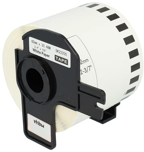 vhbw Etiketten-Rolle mit Halter 62mm x 30,48m (1 Etikette) kompatibel mit Brother PT QL-560, QL560VP, QL-570 Etiketten-Drucker Weiß