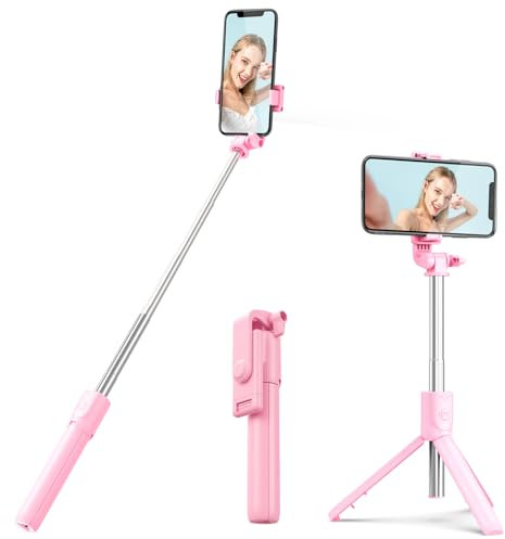 Perche à Selfie avec trépied et télécommande sans Fil, Compatible avec téléphones, Diffusion en Direct et Photographie (Rose)