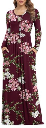 Anelune Dresses for Women Long Sleeve Loose Plain Plus Size Maxi Dresses Casual Long Floral Dresses with Pockets Flower Wine Red Medium