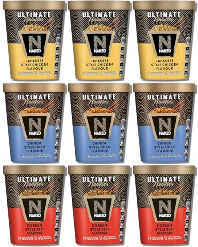 Naked Noodles Multipack of 9-3x90g each of Japanese Style Chicken, Chinese Style Duck, Korean Style Beef Flavour Bundled by The Great British Kitchen | Pot Noodles | Instant Noodles