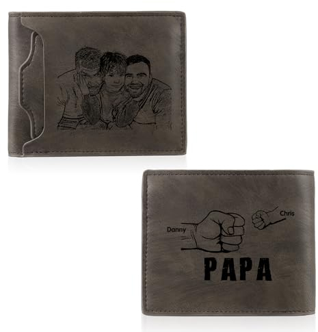 jewelora Portefeuille Personnalisé pour Homme avec Gravure Photo et Nom pour Papa Poing Portefeuille Homme avec Porte-Carte Identité pour Mari Père Cadeaux Anniversaire (#3-Gris)