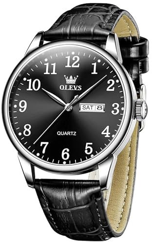 OLEVS Herren Uhr Schwarz Groß Wählscheibe Edelstahl Analoge Quarzuhr Minimalismus Schwarz Lederarmband Business Kleid Uhren mit Datum Leuchtend Wasserdicht Leicht Zu Lesen Watch for Men