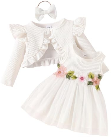 FYMNSI Baby M�dchen Taufkleid Blumen Stickerei �rmellos Kleid Mit Strickjacke Kleinkinder Prinzessin T�ll 1. Geburtstag Partykleid Weihnachtskleid Herbst Winter Festliches Festkleider Wei� 18-24M