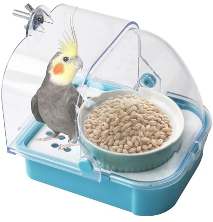 MUYG 2 in 1 No Mess Bird Feeder,Bird Cage Feeder with Ceramic Bowl and Parrot Bathtub with Bottom Drawer Hanging Tube Shower Box for Birds Budgies Parakeet Small Parrot Cockatiels(Blue)