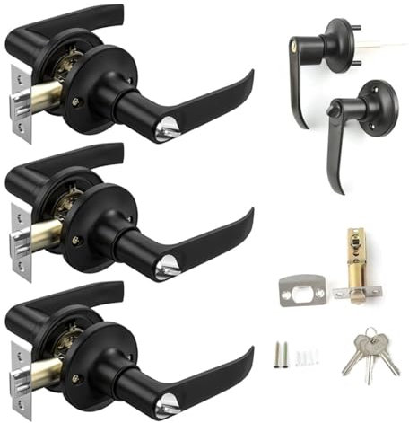 ALNKDH 3Pcs Door Handles Set - Bedroom Door Handle with Lock,Aluminium Alloy Door Handle,Contemporary Design for Internal Wooden Doors150×120mm(Black-3Pcs, 30-50mm)