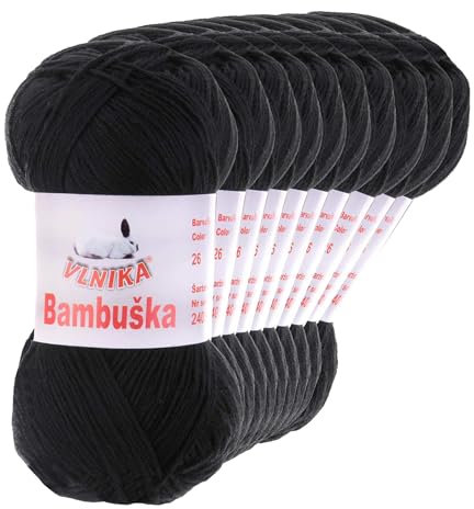 10 x 50g Häkelgarn Bambuska Sommergarn Strickgarn Baumwolle Viskose unifarben, Farbwahl, Farbe:26 schwarz