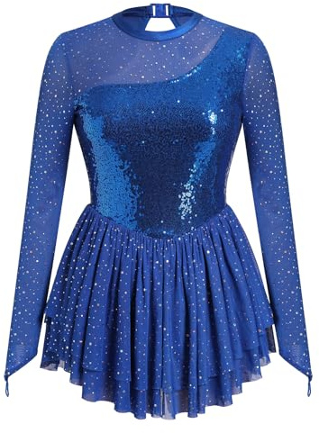Robe de patinage artistique pour femme - Manches en maille à paillettes - Robe de patineuse sur glace - Robe de gymnastique rythmique en mousseline de soie, bleu, Taille L
