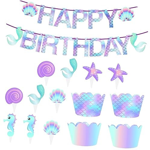 ibasenice 51pcs Mermaid Cake Decorations Toppers Inserts for Birthday Parties for Ocean Theme Celebrations Includes Mermaid Edges Inserts and Birthday Banner