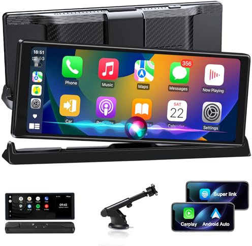 2025 Unique Pantalla Carplay Coche Android Auto Pantalla con Soporte Base, 10,26 Pulgadas Radio Coche Android Auto con Super Link Actualización OTA Apple Carplay Navegación GPS Siri/Google