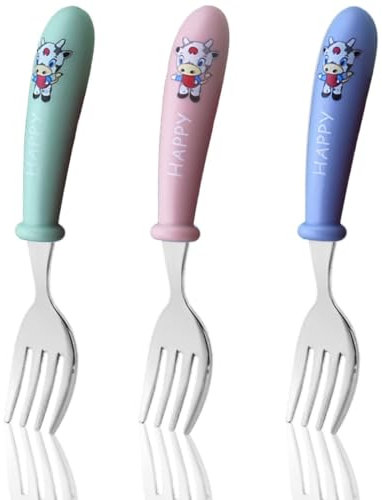 XENQITO 3 Piezas de Cubiertos de Acero Inoxidable con Silicona para Bebés y Niños Pequeños, Tenedor Bebe, Tenedores Pequeños Niños, Tenedores sin BPA con Diseño Antiahogo de Sujeción de Silicona