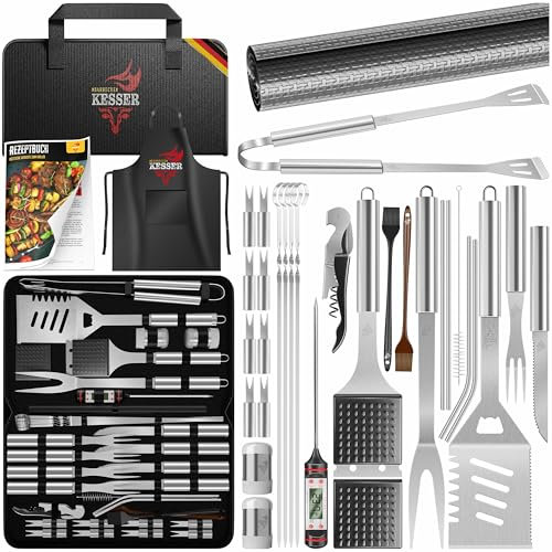 KESSER® Grillbesteck Set 37-teilig Grillzubehör aus rostfreiem Edelstahl Grillset mit Grillzange, Grillwender, 4in1 Grillspatel, Grillgabel, Grill-Spieß, Thermometer, Korkenzieher, Grillmatte & Tasche