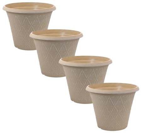 shopior Plastic Prisma Planters | Festive Garden Planting Pot 9L – Round Garden Plant Pots with Drainage Holes | Weatherproof Decorative Patio Flower Pot - (30cm - Ginger, Pack 4)