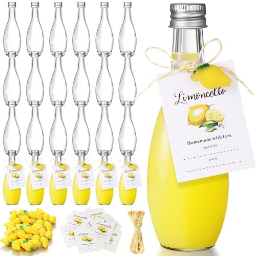 LemonRoad Limoncello-Glasflaschen, leere kleine klare Likörflaschen mit Etiketten, Mini-Harz-Zitronen-Charms, Seil für hausgemachte Limoncello Brauen, Getränke, Geschenke, 24 Sets (Silber, Retro-Stil)