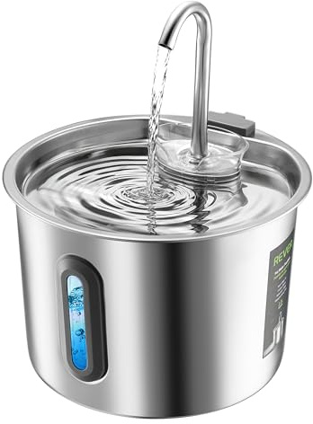 Rever 2,2 L rostfritt stål kattfontän med filter, tyst | Synligt fönster, ultratyst pump, multifiltreringssystem, färskvatten för katter, enkel rengöring