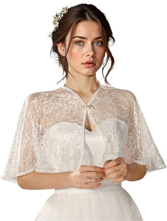 NICENEEDED Bridal Wedding Lace Shawls, White Floral Embroidered Shrug Cape Shoulder Covers Scarf with Pearl Button, Women Tulle Shrug Cape for Dress Prom Party