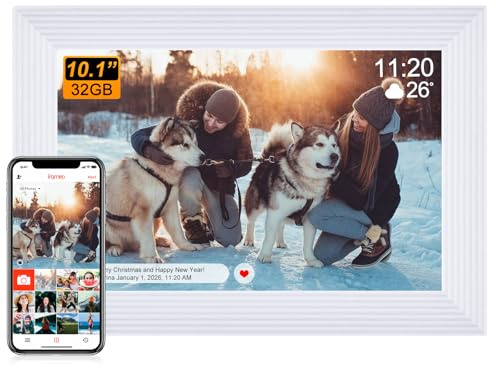 TMCC Digitaler Bilderrahmen Groß, Frameo Digital Photo Frame HD IPS Touchscreen - 10,1 Zoll, Elektronischer Bilderrahmen mit WLAN, 32GB, Auto Drehung, Wandmontierbar, Fotos/Videos teilen - Weiß