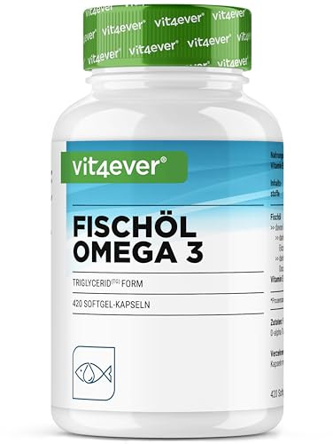 vit4ever Oméga 3-420 Gélules - Purifié et Issu de la Pêche Durable | Haute dose avec 4000 mg d’Huile de Poisson par jour avec EPA & DHA de haute qualité sous forme de triglycérides