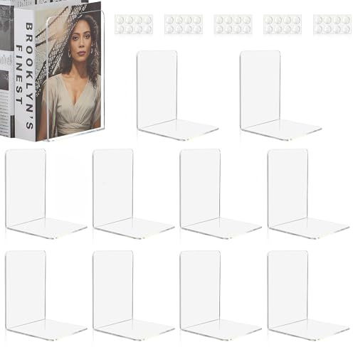 Aurinovellia 10 Stück Transparent Buchstützen, Acryl-Buchstützen für Regale | 40 Stück Rutschsicher-Pads, 3mm verdickt Stück Rutschfester Klarer Buchständer, für Schlafzimmer Bibliothek Büro 10x10x13cm