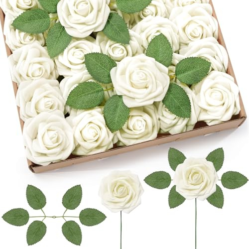 Lifewit 25 Pezzi di Rose Artificiali, Fiori di Schiuma Classiche con Manico, per DIY Bouquet di Matrimoni/Spose, Decorazioni da Tavola/San Valentino/Feste/Casa, Realisticamente Morbido, Bianco