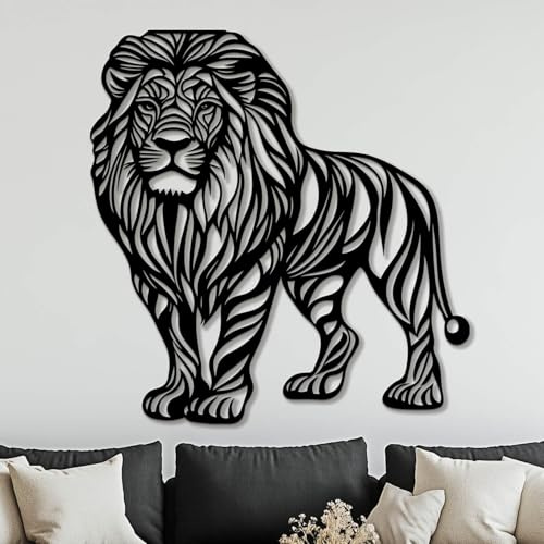 Wanddeko aus Metall, Löwe, großes Wildtiermotiv, Tier, Löwe, Schwarz-Gold-Weiß, Wohnzimmerdeko (Schwarz, 29 x 30 / 73 x 76 cm)