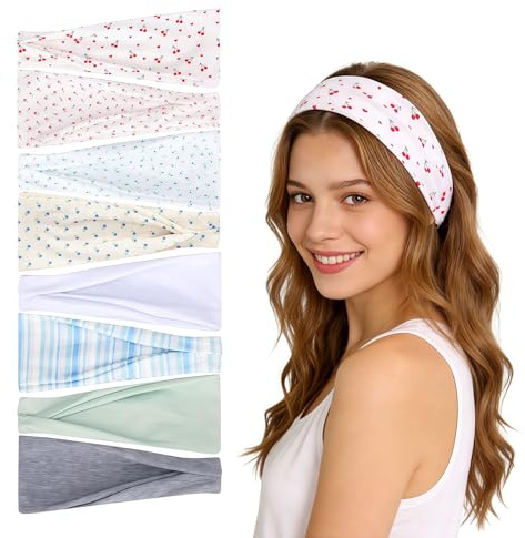 Cosblisvia 8 Stück Boho Stirnband Damen, Haarband und Haarband Damen Geknotet, Haarbänder für Frauen, Teenager, Mädchen für Yoga, Sport, Alltag (Blumen Kirsche)