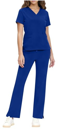 KHIRVWL Divisa Sanitaria Donna Divisa Infermiere Set con Casacca e Pantalone Sanitaria Uniformi Infermiera Ospedaliere con Cordoncino Camice Medico Donna Set Uniforme Maglia Frontale & Pantaloni