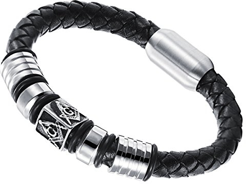 Cupimatch Leder Armband Herren Edelstahl Charm geflochtenem Leder Seil Freimaurer Freimaurer Armband 9 mm Chunky Armreif magnetic-clasp 20,6 cm