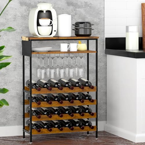 BAKAJI Portabottiglie di Vino e Liquori Design Industrial Metalllo e Legno 24 Spazi Porta Bottiglie + 10 calici, Dimensioni 66 x 30 x 100 cm Colore Struttura Nero Ripiani Brown