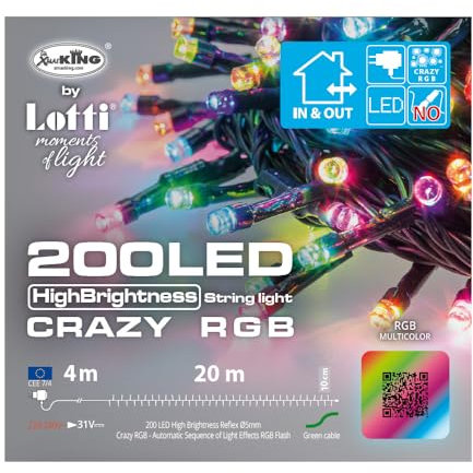 Catena CRAZY RGB 200 LED 5mm High Brightness Giochi di luce Automatici con effetto Flash RGB Trasformatore Esterno Cavo Verde 4+20m
