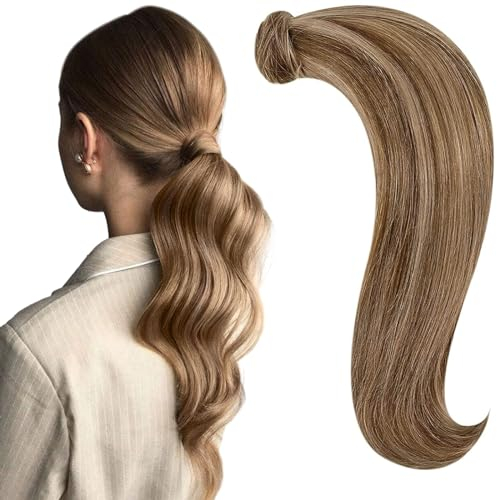 RUNATURE Ponytail Extension Echthaar Braun Highlight Blond 30cm Kurz Menschliches Haar 70g Echthaar Zopf Blond Mit Goldblond Pferdeschwanz Extensions Echthaar #10P16