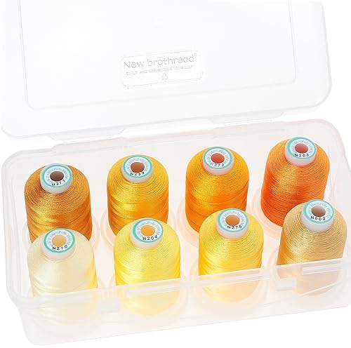 New brothread - 15 Opzioni - 8 Bobine a scatto da 1000m ogni Poliestere Filo di Ricamo Macchina con scatola di plastica di stoccaggio per Ricamo e Quilting - Different Yellow