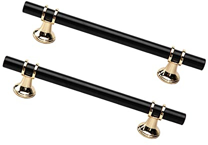 Dreneco 2 Pack Cupboard Handles Zinc Alloy Kitchen T Bar Handle Drawer Wardrobe Cabinet Furniture Door Pulls Knobs (128mm Hole centres, Black+Gold)