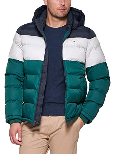 Tommy Hilfiger Men's Hooded Puffer Jacket Down Alternative Coat, Green Color Block, XS