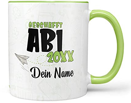 Sunnywall® Tasse Abi-Tasse Abi 20XX - Wähle dein Jahr und Namen zum erfolgreichen Abitur inkl. Geschenkkarte Grün