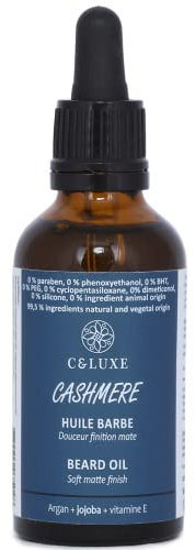 Kaschmir Herren Glättendes und schützendes Bartöl, mit natürlichen Ölen: Bio, Jojoba, Vitamin E, Weichheit, Wachstum, Geschmeidigkeit, Hydratation, Natürlicher Bart, VEGAN, 995% Natürlich, 30 ml