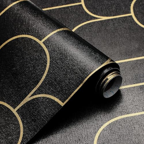 Stripe Peel and Stick Wallpaper Modern Black Contact Paper Geometric Black and Gold Removable Paper Self Adhesive Wallpaper Decorative for Wall Countertop Cabinet Furniture Vinyl Film 118.7”x17.3”