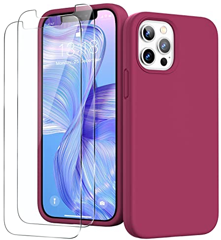 GOODVISH 3 in 1 Cover in Silicone per iPhone 12 & iPhone 12 Pro 6,1, con 2 Pezzi di Pellicola Protettiva, Silicone Liquido Custodia per Cellulare con Morbida Microfibra Antiurto, Rosa Rossa