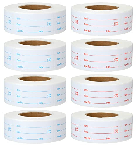 JMIATRY 8 Rolls 4000 Pieces Removable Food Labels, 1 x 2 Inch Food Label Stickers, Freezer Labels for Meal Containers and Jars, Red and Blue