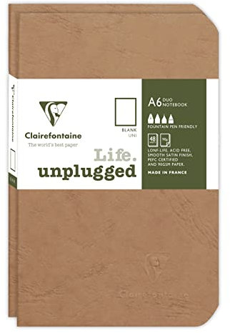 Clairefontaine 734186C - Age Bag DUO Set aus 2 Notizheften 9x14cm , geheftet, 48 Blatt 90g, blanko Braun, 1 Set
