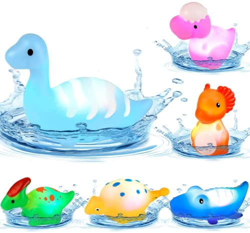 Juguetes de baño para bebé, dinosaurio, 6 piezas flotantes con luz para niños, juego de juguetes de baño para bañera de agua, piscina, juguetes sensoriales de ducha, preescolar, niños pequeños, niñas,